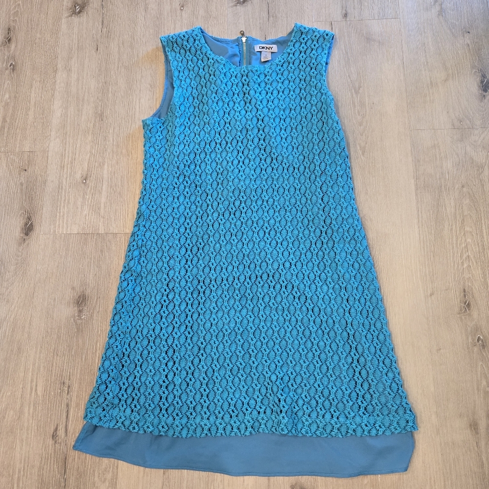 DKNY Emerald Teal Crochet Knit Dress Sz 12